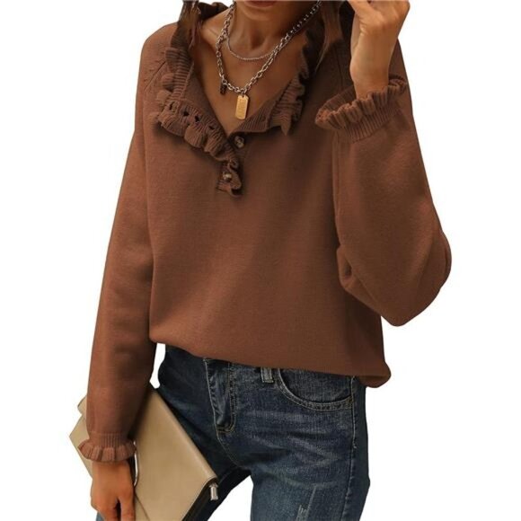 Women's Sweaters Long Sleeve Button Down Crew Neck Ruffle Knit Pullover Sweater